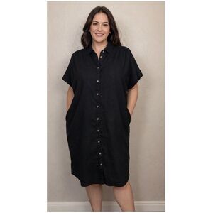 WELL WORN Women Size XXL Black Linen-Blend Short Sleeve Button Down Shirt Dress